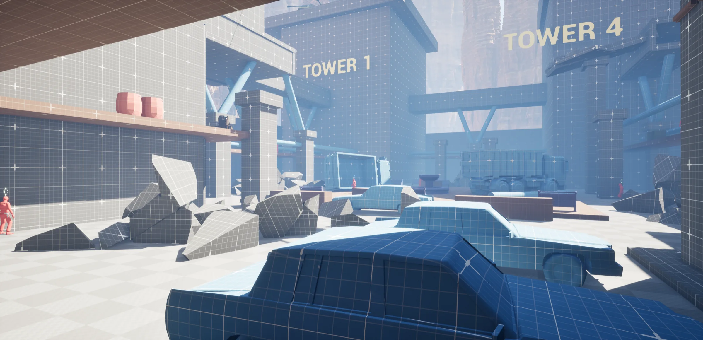 Exterior courtyard with labelled towers