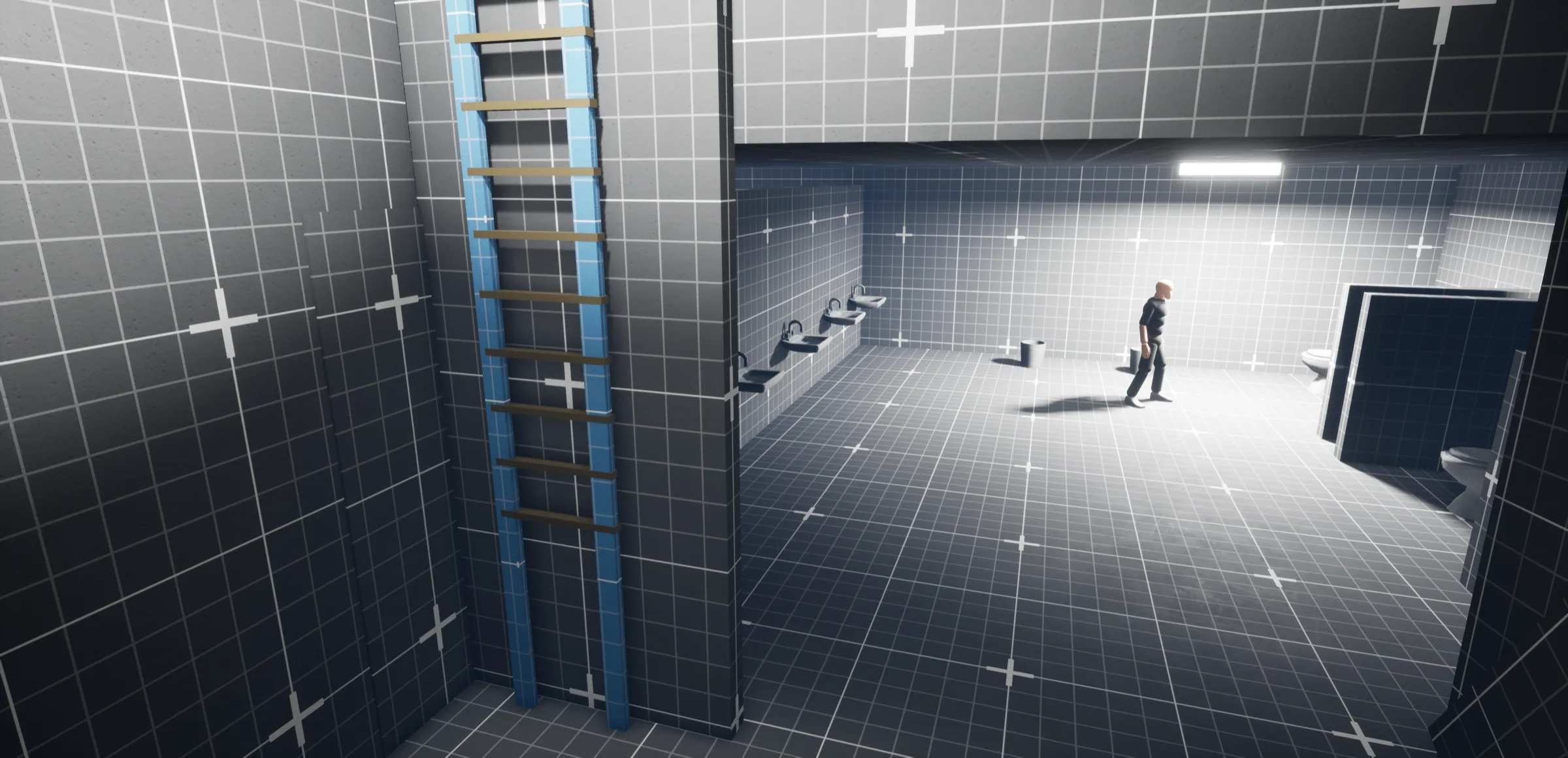 Greybox encounter space with a figure and cover objects