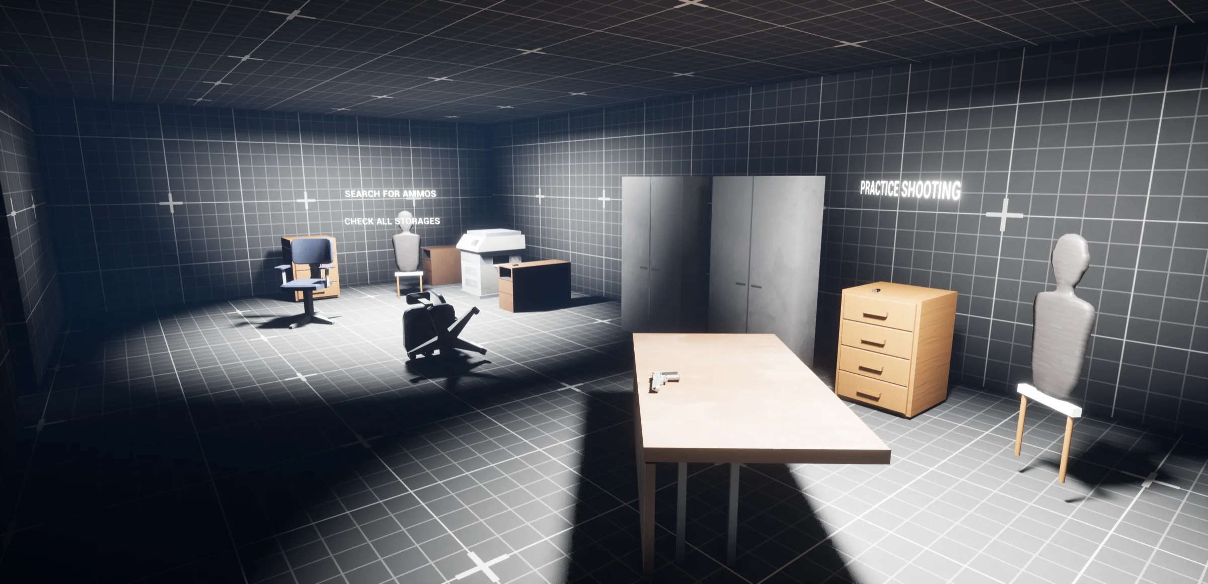 Dark room with a single lit object and an exit
