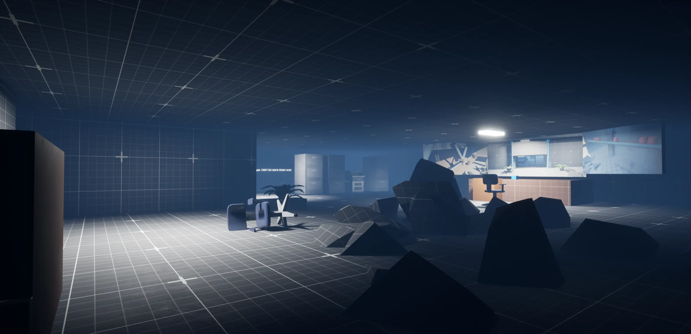 Greybox traversal space with a slope and emergency light