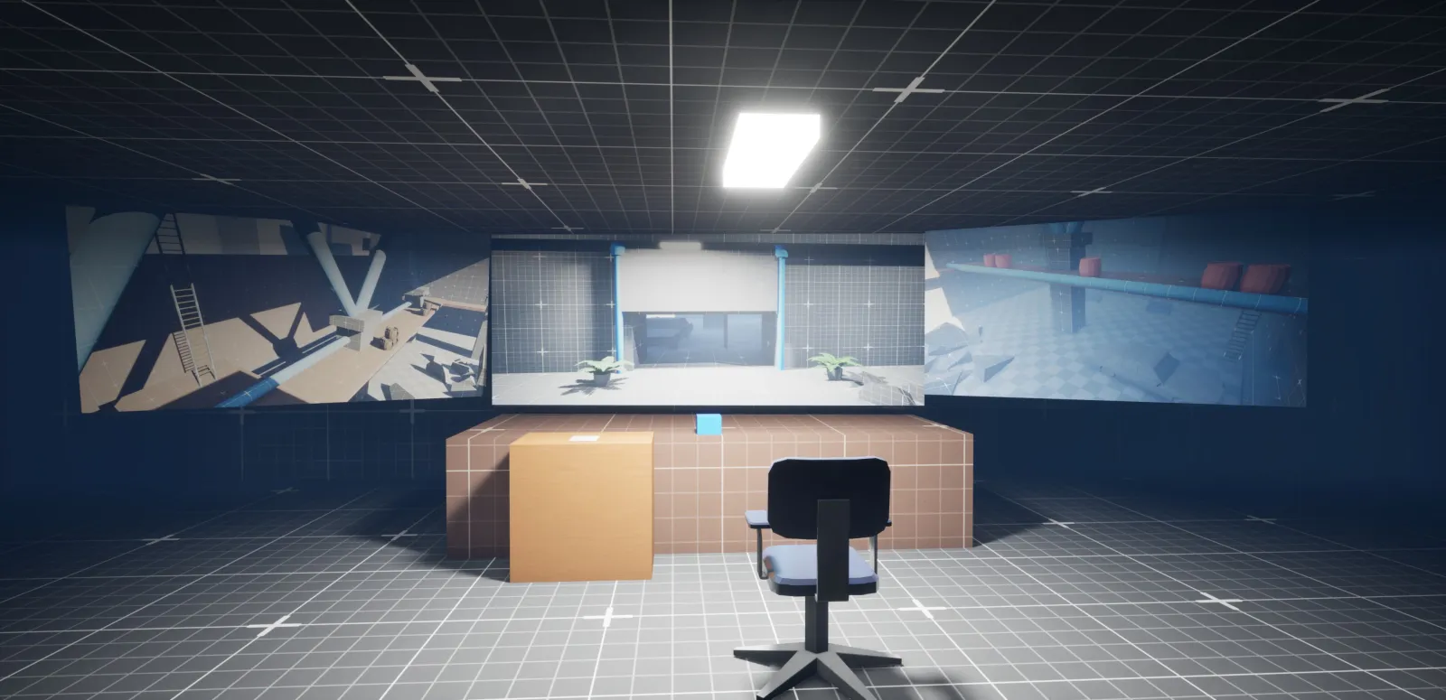 In-engine: security monitor room rewarding exploration