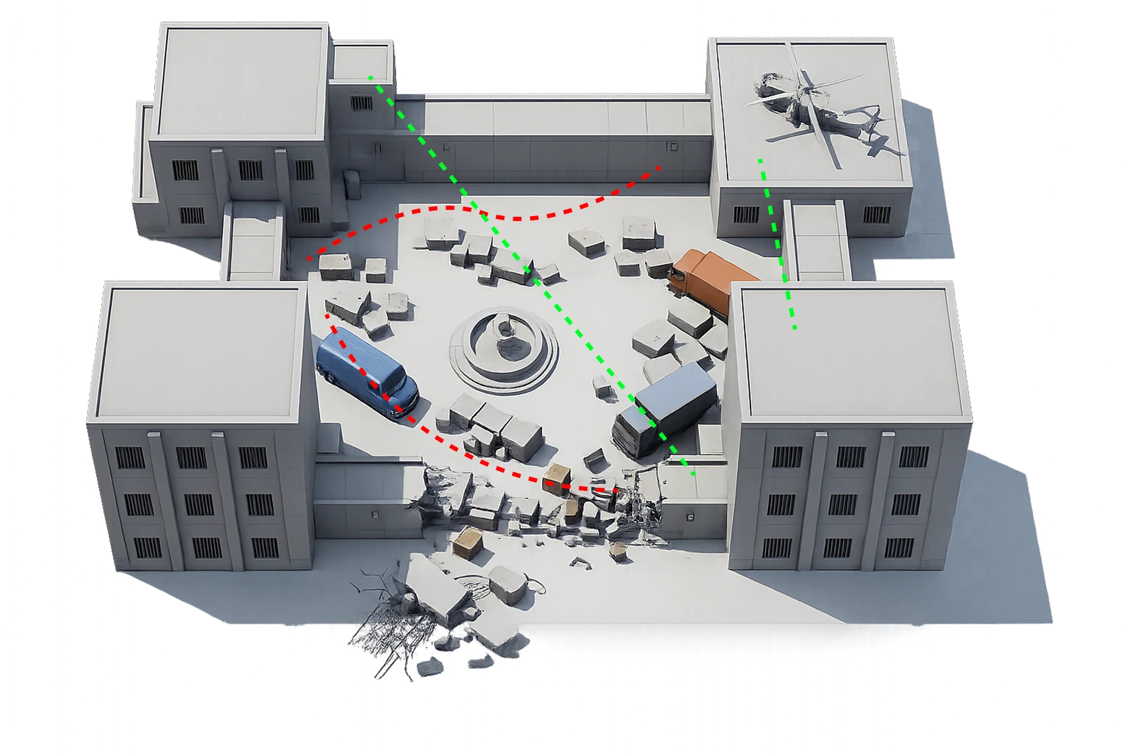 Top-down level map — dual stealth and combat routes through the prison courtyard
